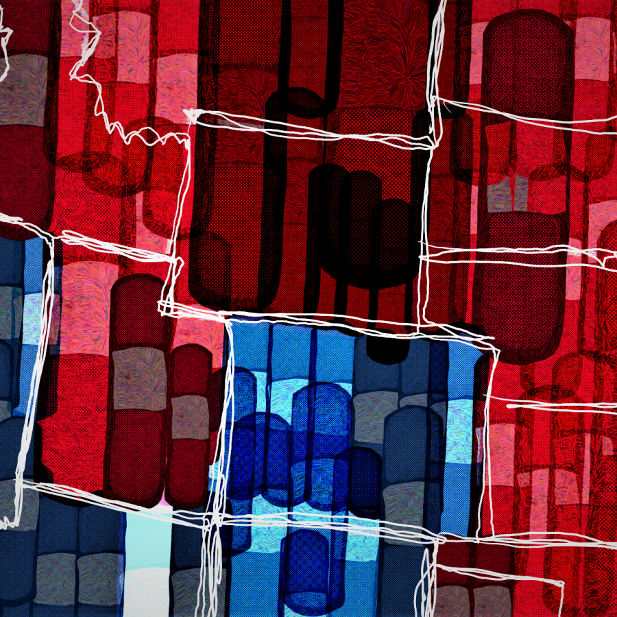 blue and red grid-like pattern