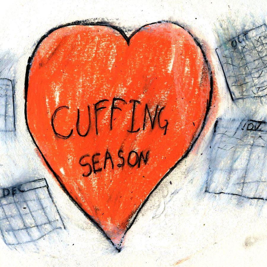 A heart with the words "cuffing season" printed in it, surrounded by calendars