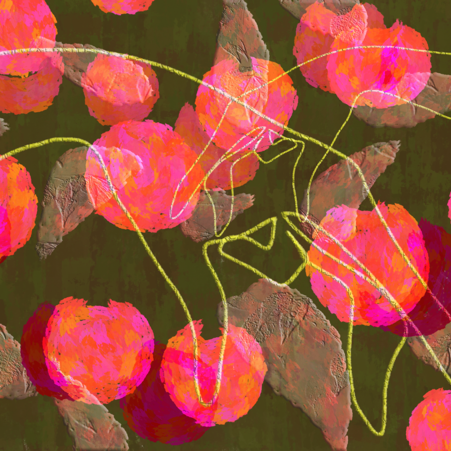 pink and orange peaches overlaid beautifully atop a green and brown background
