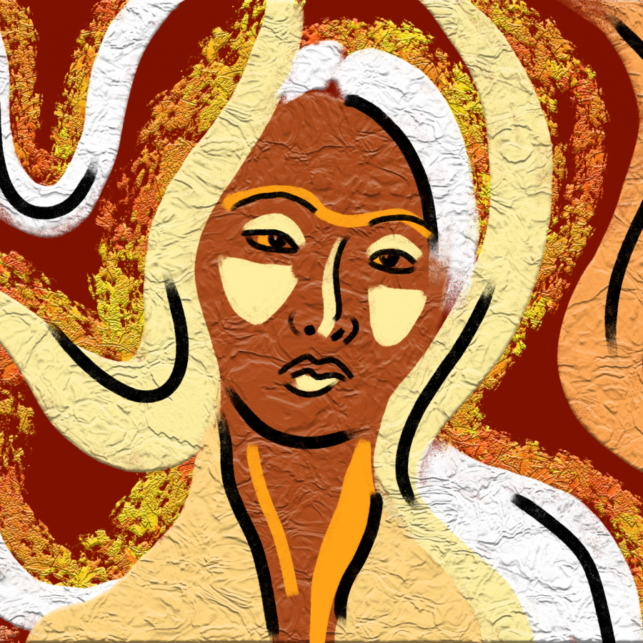 orange, yellow, brown, and tan swirls of hair behind a woman