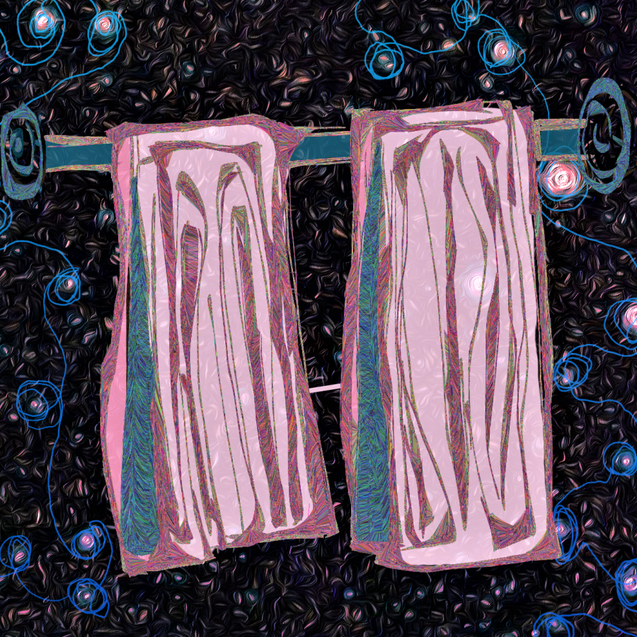 two pieces of pink fabric hanging on a rod, on a black background with blue swirls