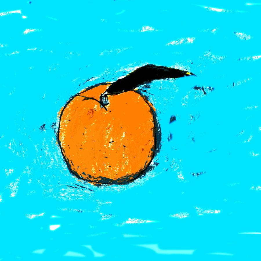 Peach in front of a light blue background