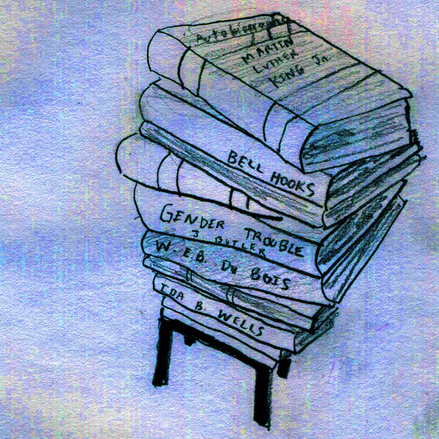 A hand-drawn photo of a stack of books that would be read in courses about inequality.