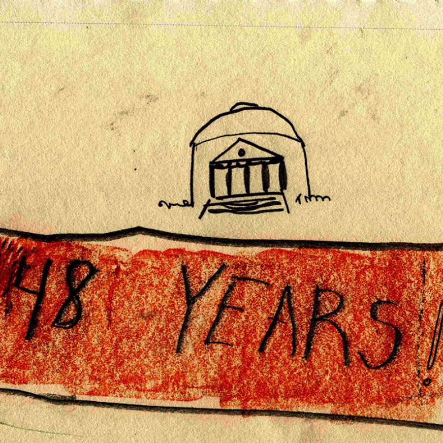 A hand-drawn photo of the Rotunda with a banner underneath that reads "48 Years!"