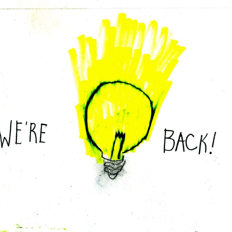 A hand-drawn photo of a lightbulb that is overflowing with yellow light, with "We're Back!" written on either side.