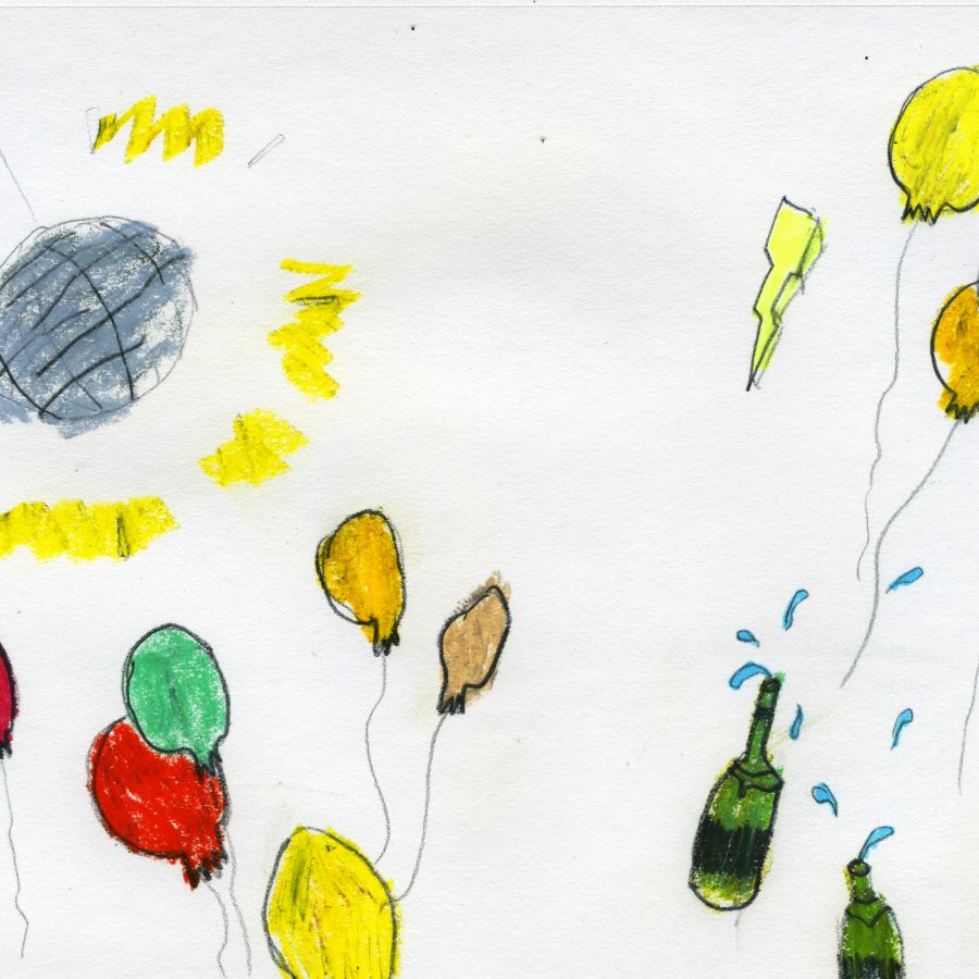 A hand-drawn photo of balloons, champagne bottles, and confetti A