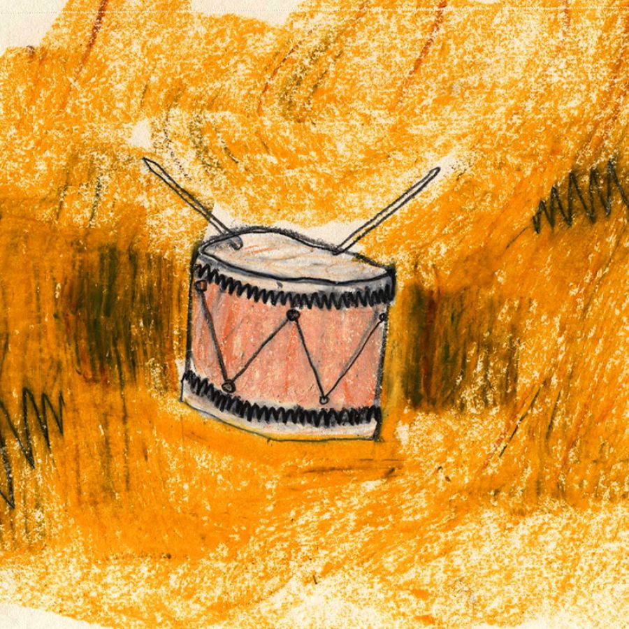 A hand-drawn photo of a drum on an orange background