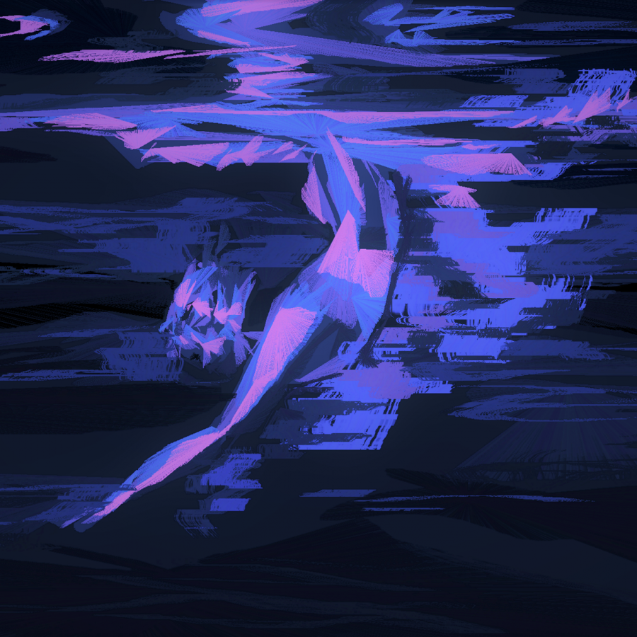 a blurred body, shaded in purple and blue, diving into dark waters