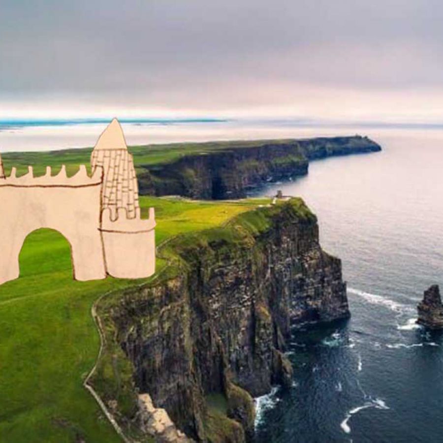 Drawing of castle on Irish coastline