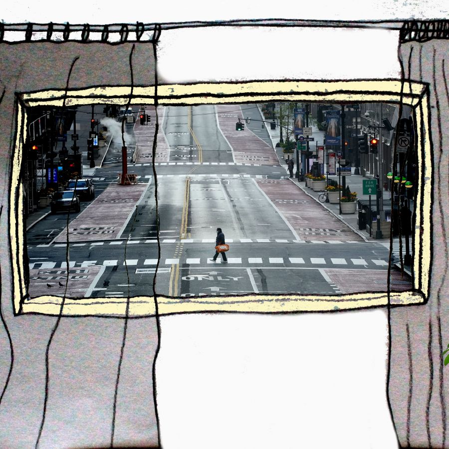 illustration of window looking out to photo of empty street