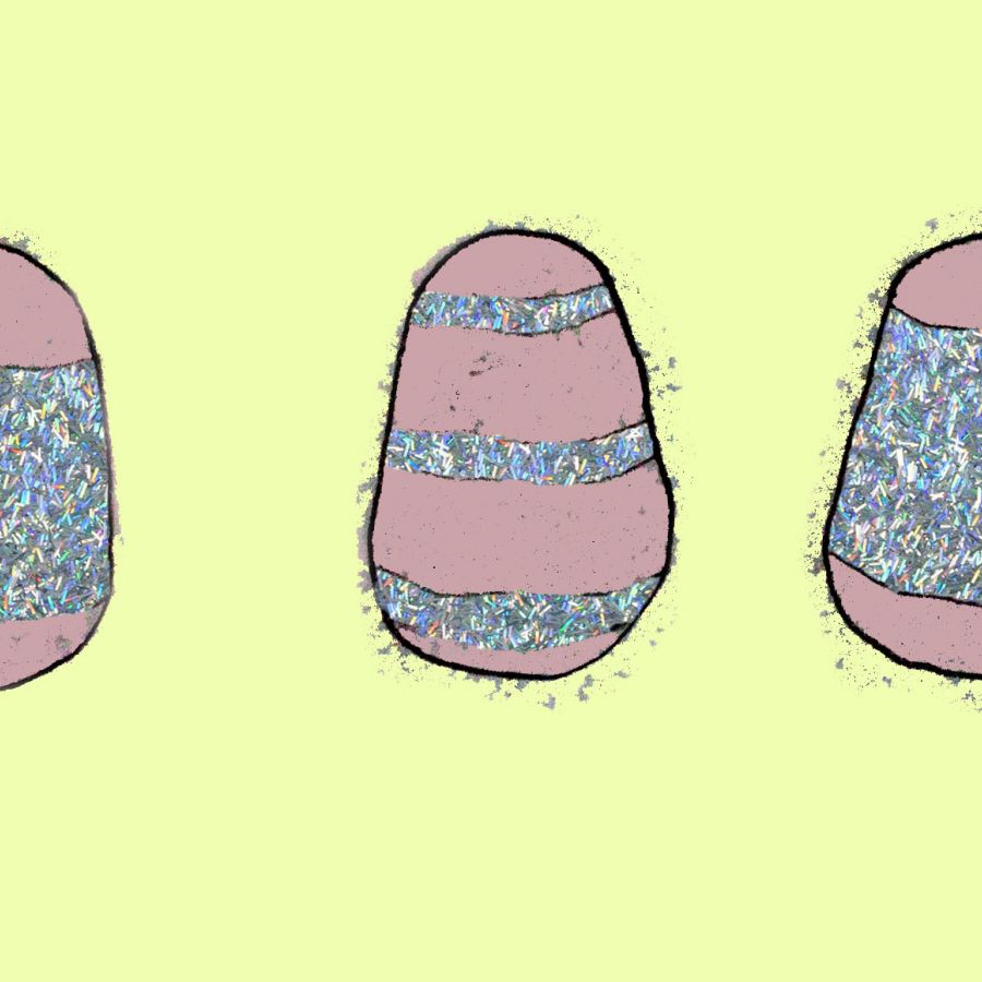 pink sparkly Easter eggs on pale yellow background