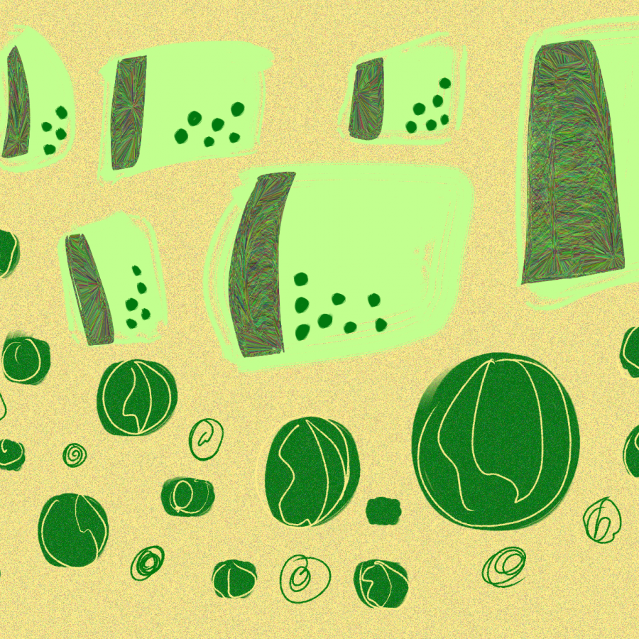 light green dotted jargon their sides, green spheres spilling out in bulk