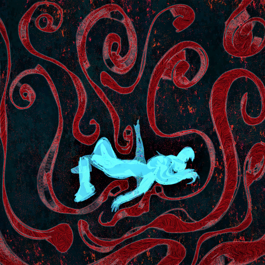 a bright blue outline of a body falling downward on a background of red swirls