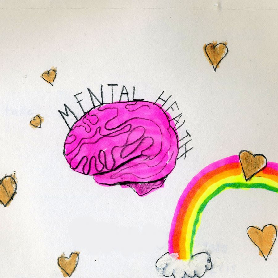 A hand-drawn photo of a brain that says "mental health" on top, with rainbows and hearts around the paper.
