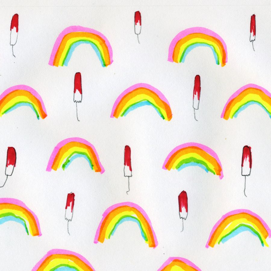Hand-drawn wallpaper of bloody tampons surrounded by rainbows.