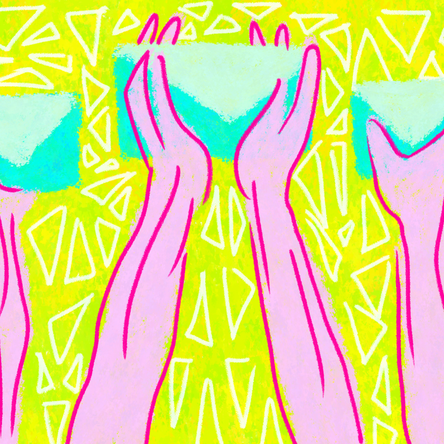 pink hands hold up light blue envelopes a bright green-yellow background
