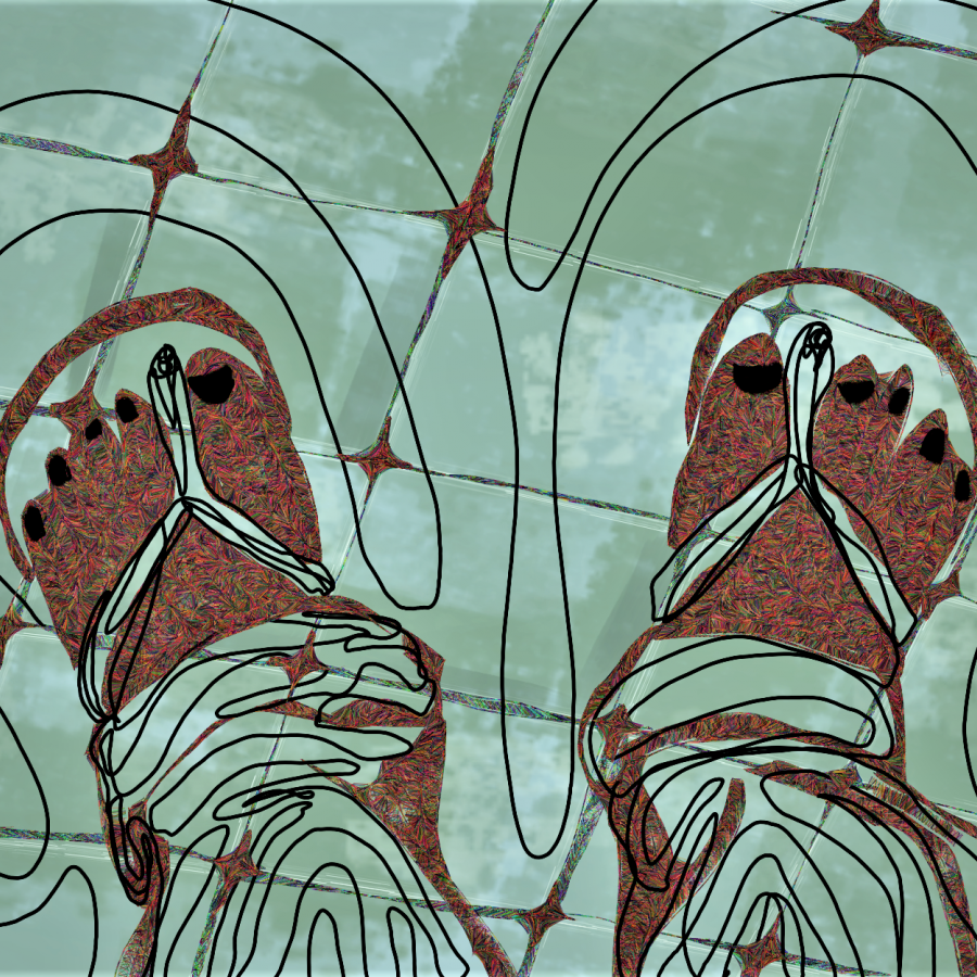a view of feet in flip-flops, looking down at them from above