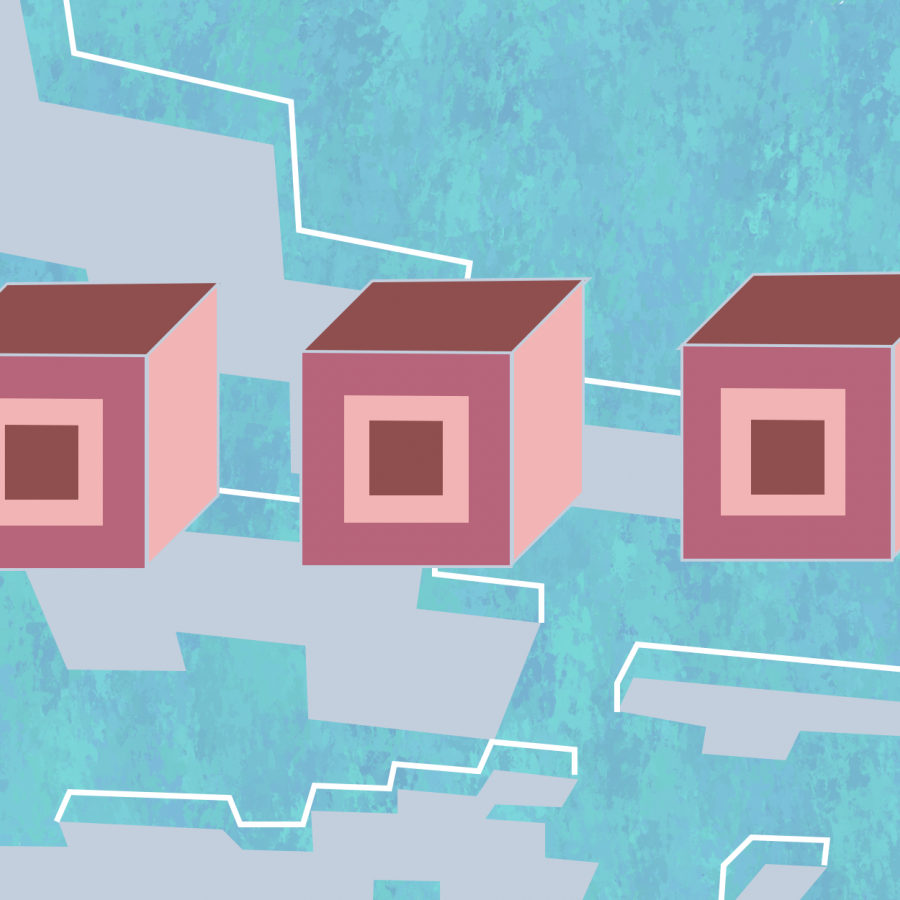 three side-by-side tan and brown cubes floating on a pixelated background of a blue sky with clouds
