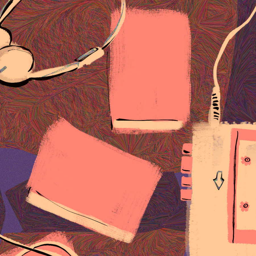 books and headphones and a cassette player, all in a pin-is hue, laid out on a table