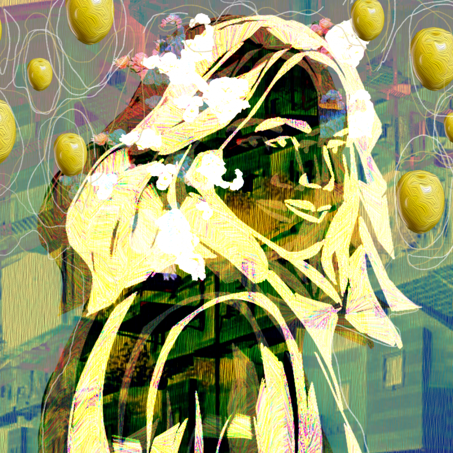 a girl surrounded by olives and a colorful background