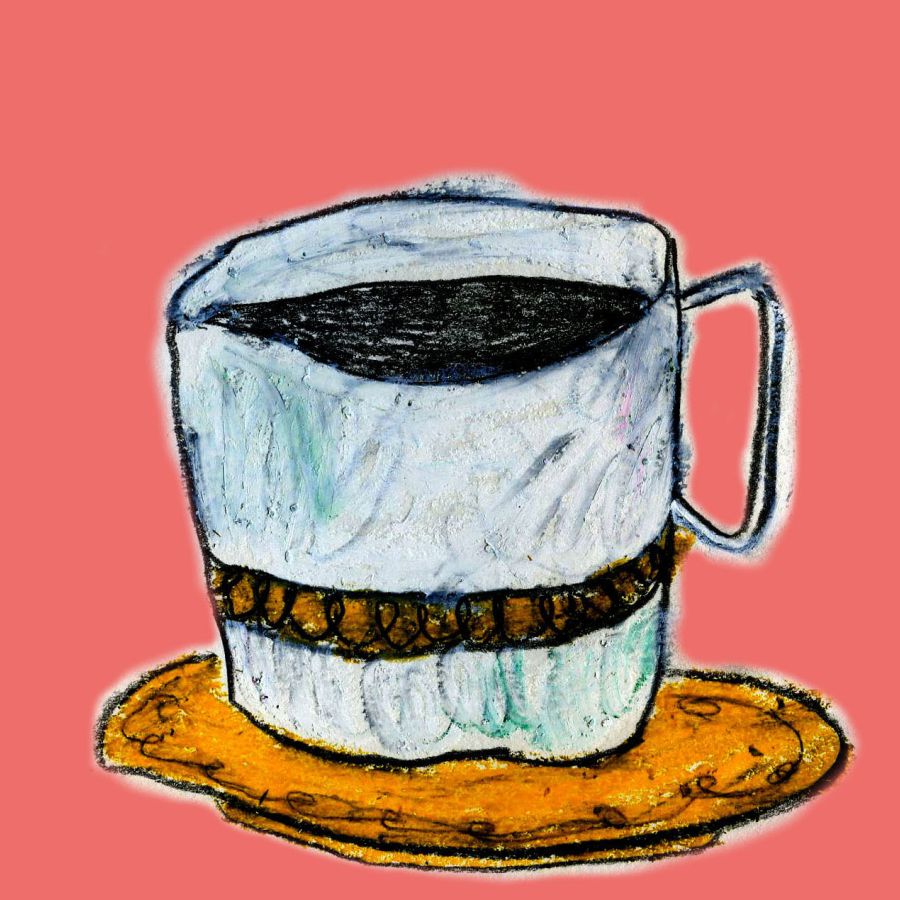coffee mug in front of a coral background