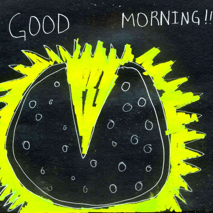 A black background with a pizza hand-drawn in white and the words "Good Morning!" at the top