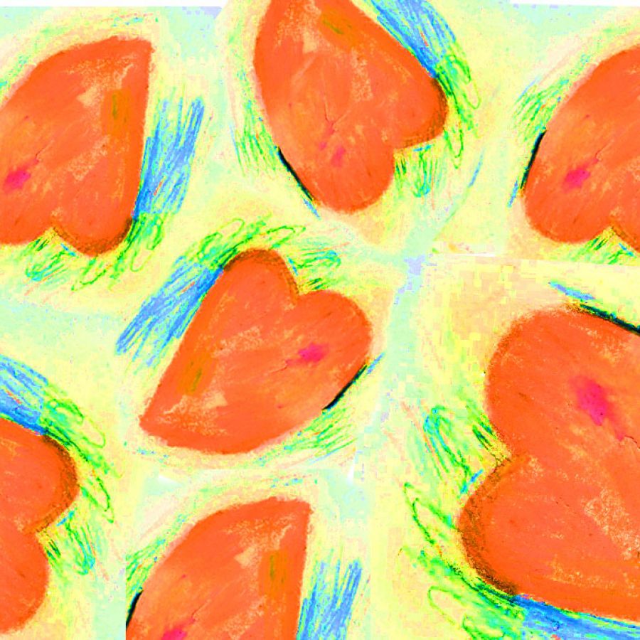 A hand-drawn photo of hearts on a yellow, blue, and green background.