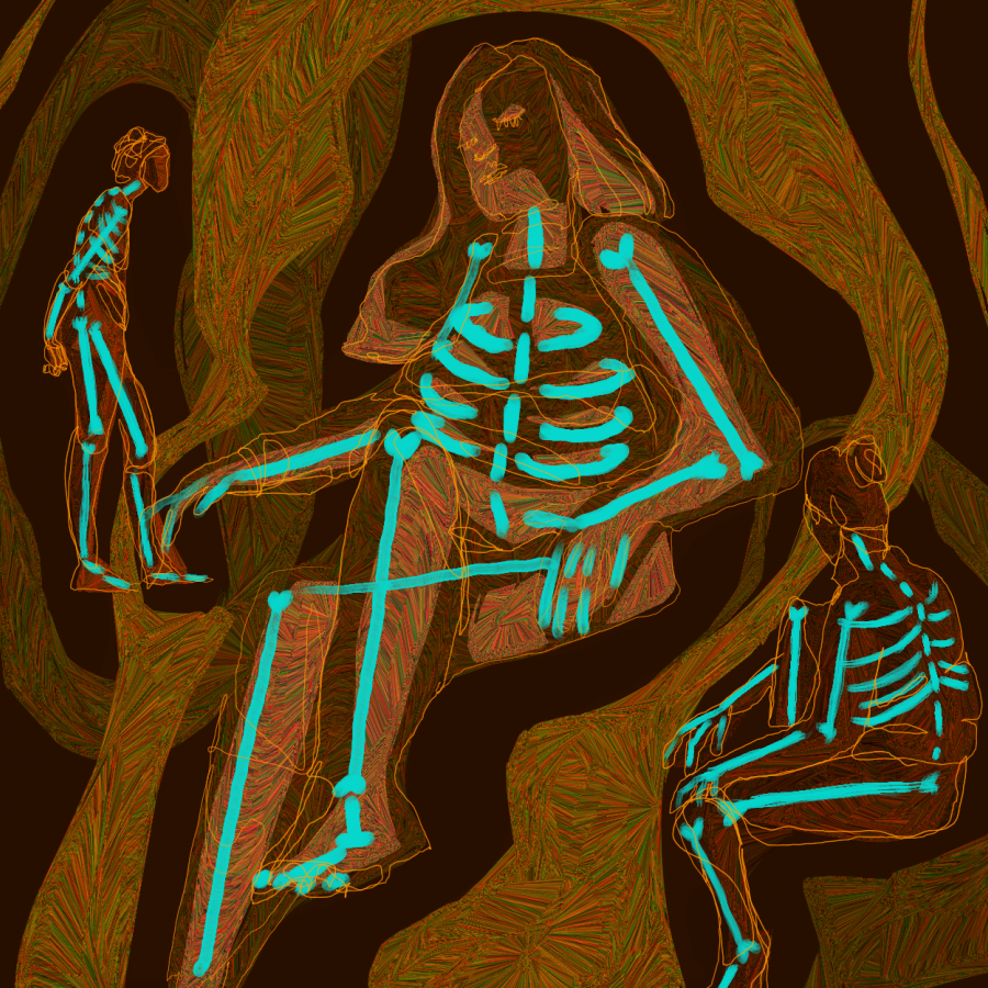 blue human skeletons on a brown and orange background