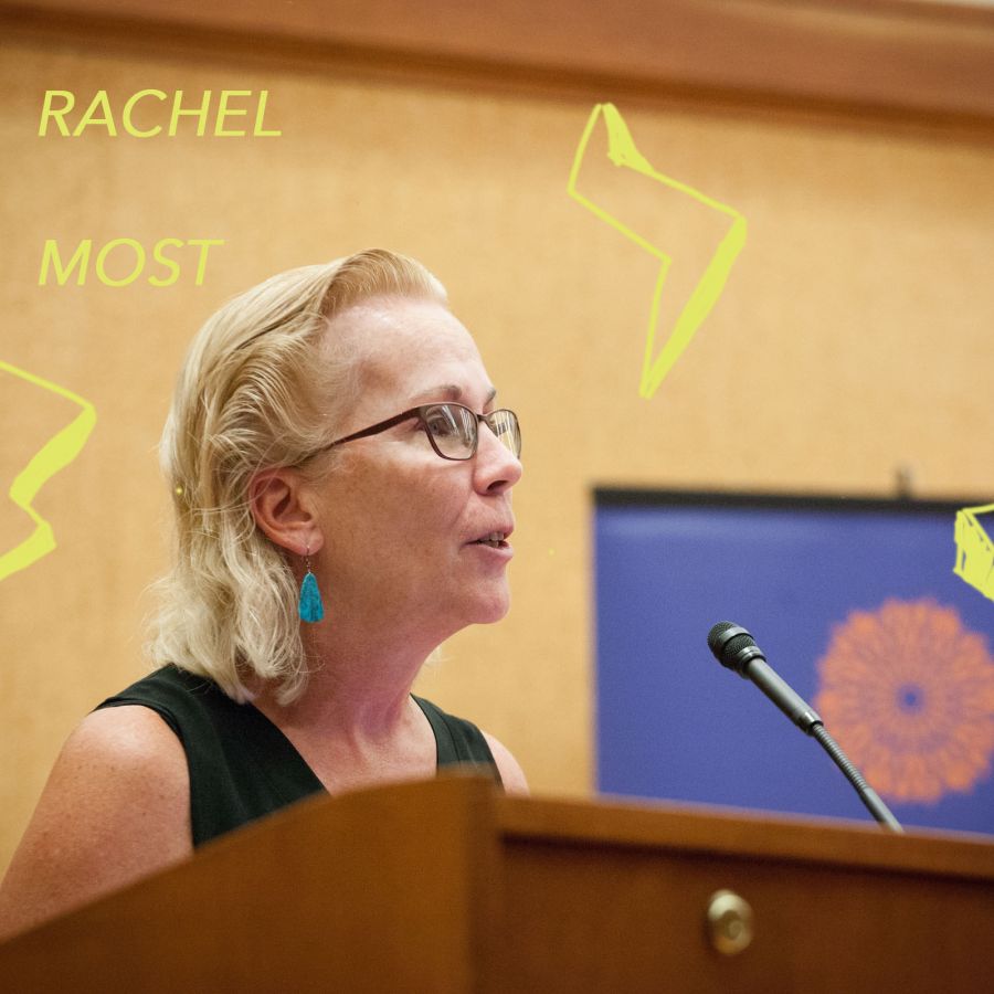 Rachel Most speaking at the Elizabeth Zintl Leadership Award Reception. There are lightening bolts drawn around her head, and "Rachel Most" is written in yellow font.