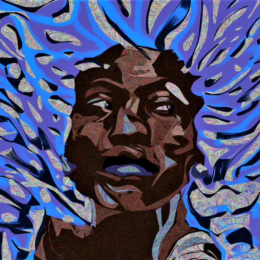 portrait of a young Black woman with blue-purple swirls coming off other head