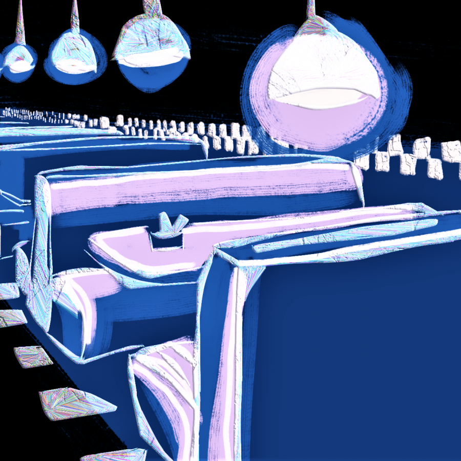 dim blue and purple lighting over a row of diner booths