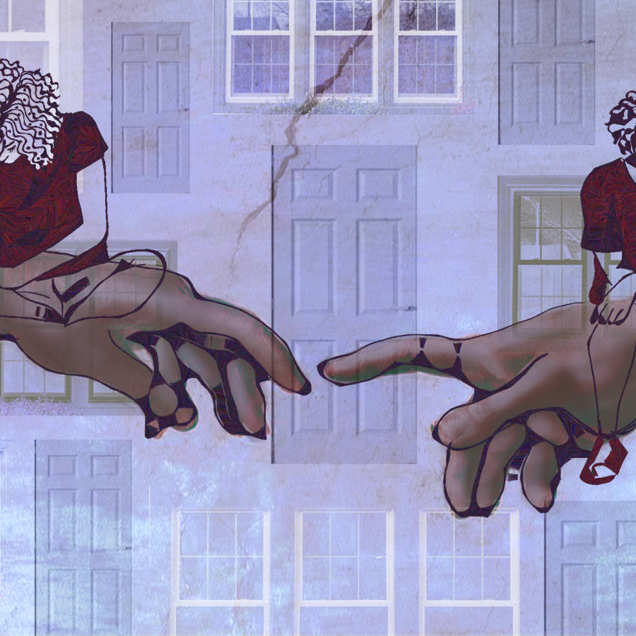 girls sitting on outstretched hands on a background of doors