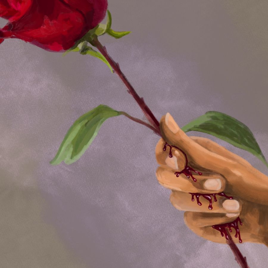 hand extended with red rose in palm and blood dripping from grip