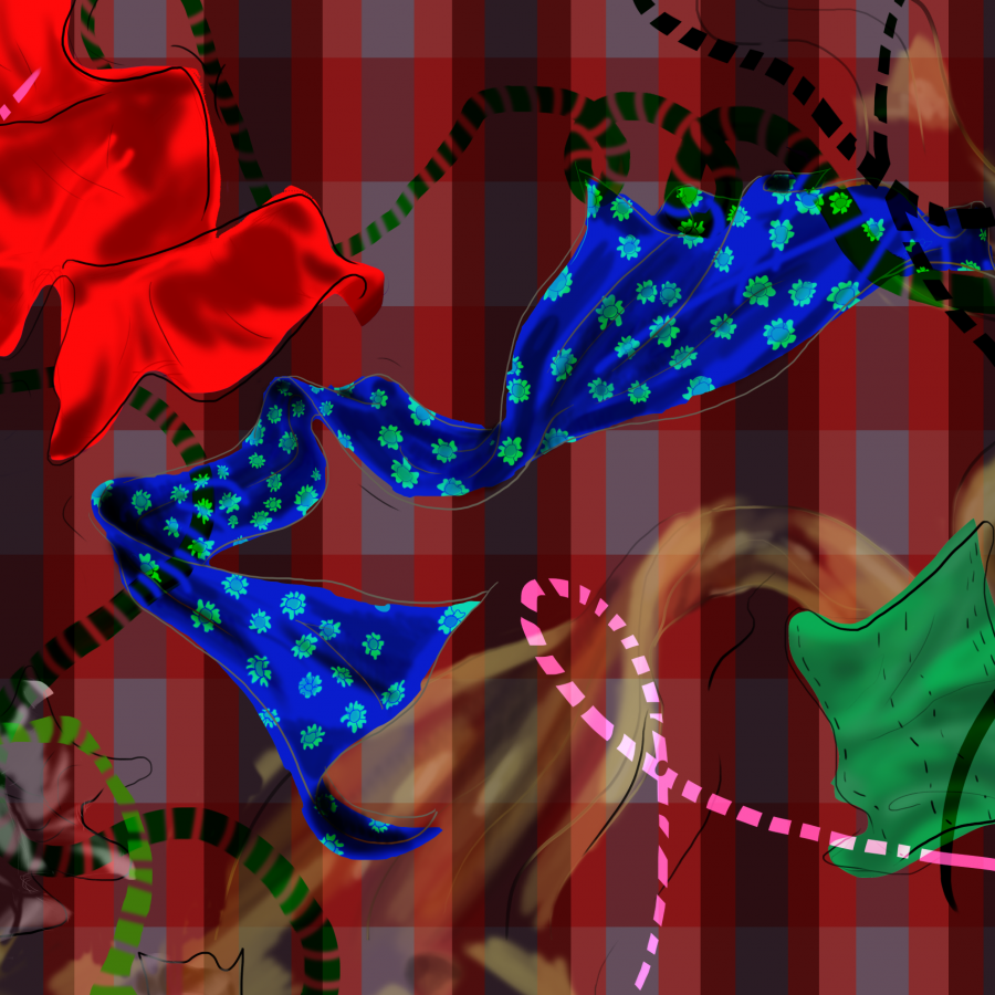 scaps of red blue and green fabric tossed in air