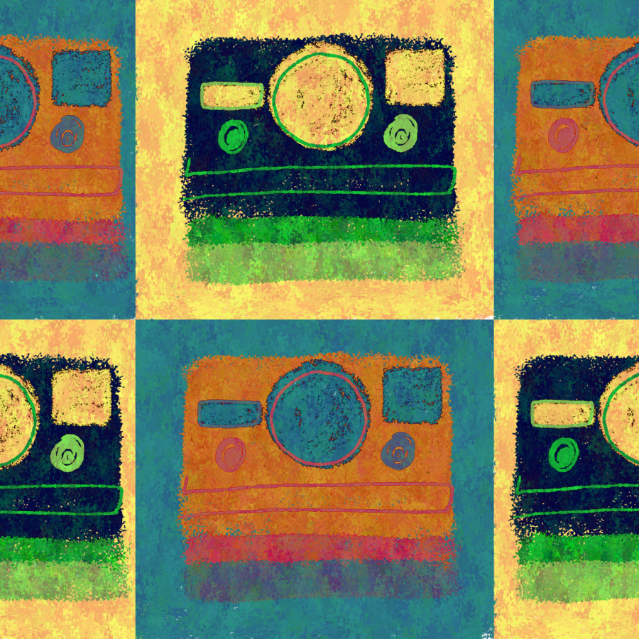 A collage of polaroid cameras in different shades of yellow and orange