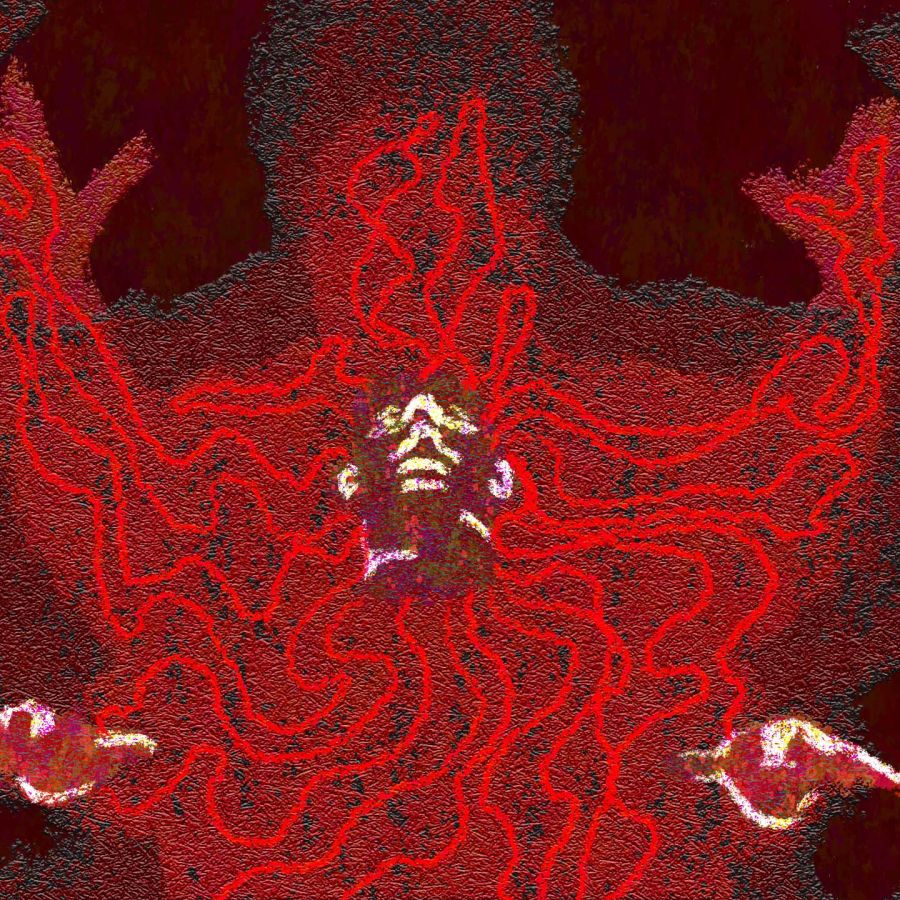 red shape of a person with a skeletal face coming out of it