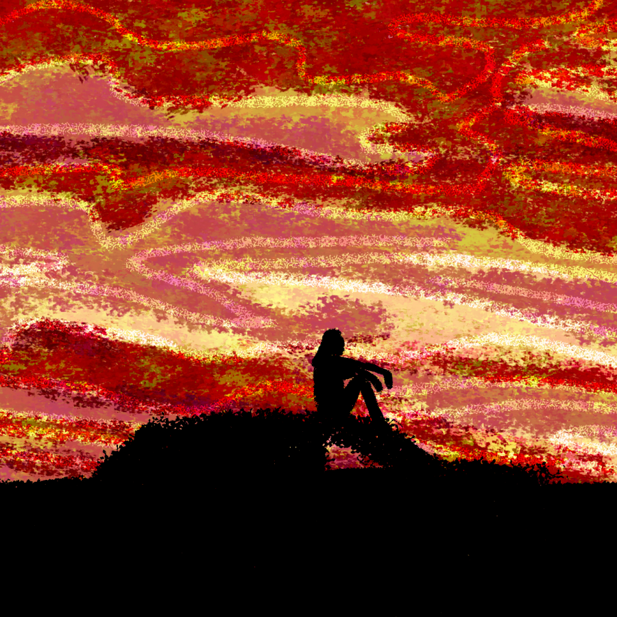 silhouette of a person with red cloudy sunset bakcground