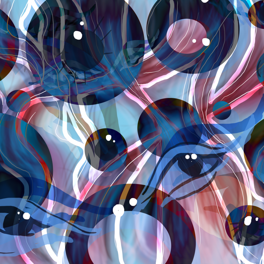 many blue eye shapes surrounded by red and white wavy lines