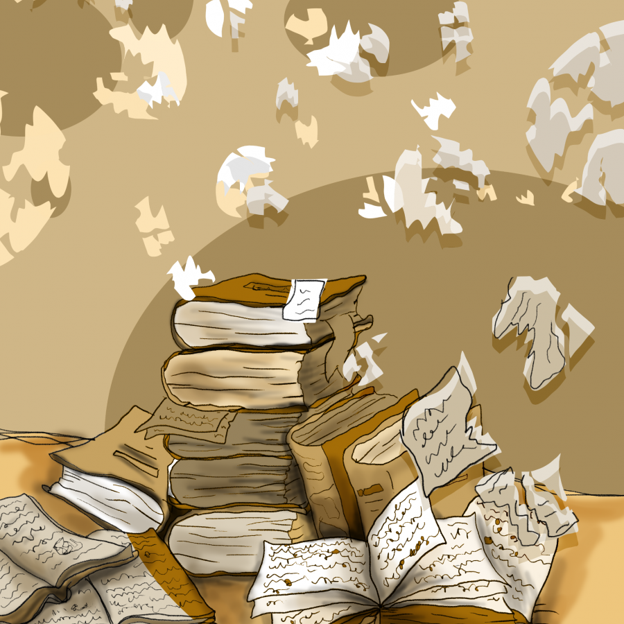stack of books with egg shells surrounding it