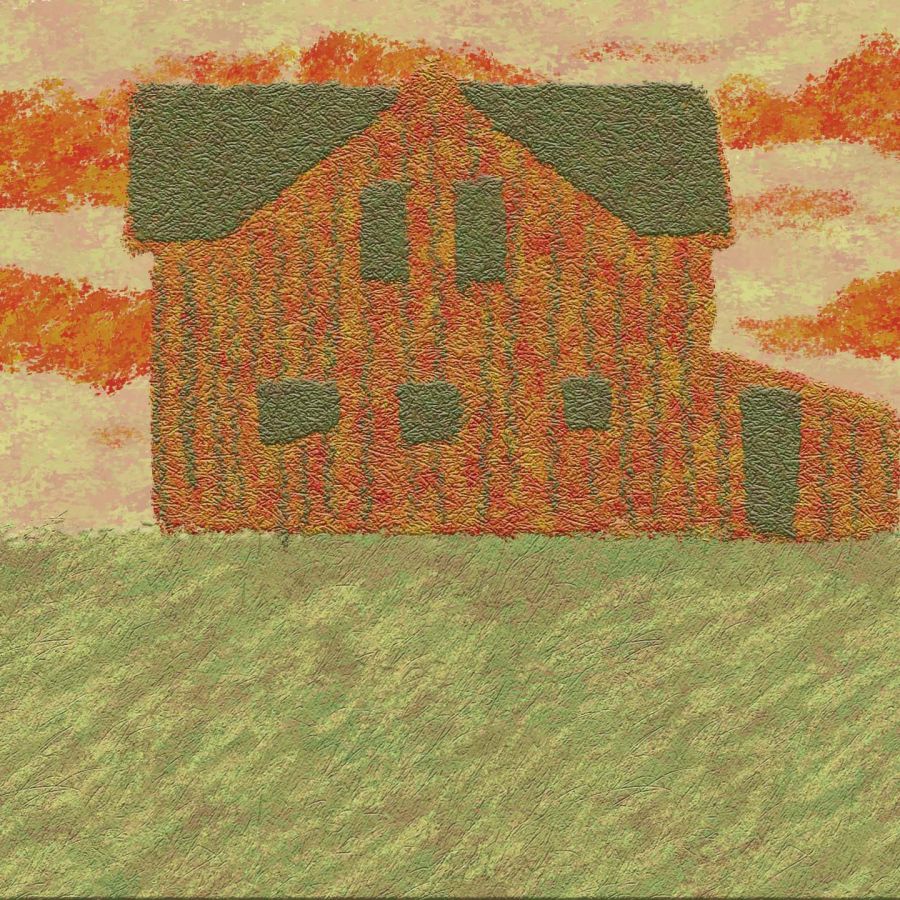 an orange house sits in a landscape with orange clouds