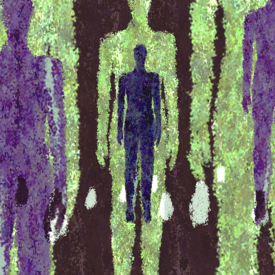 silhouettes of people in green and purple against black background