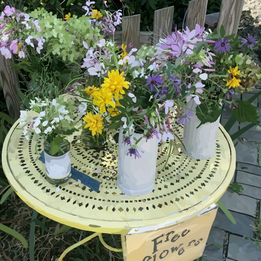 vases of flowers on a table with a sign that says free flowers