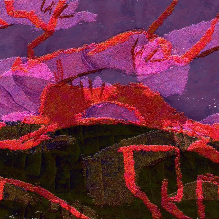 a red and purple scene with purple fists in the background
