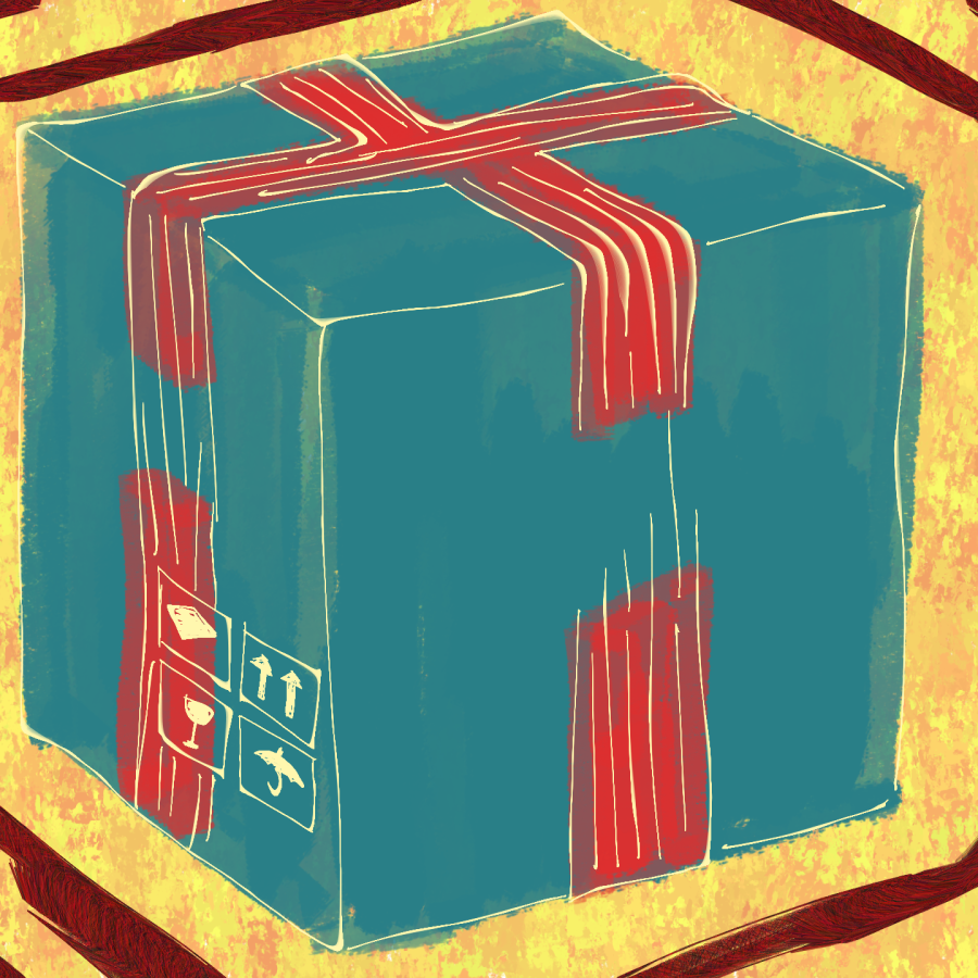 a blue package with red tape