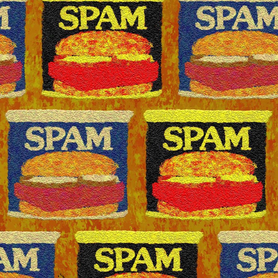 shelves of SPAM on a wall in blue cans