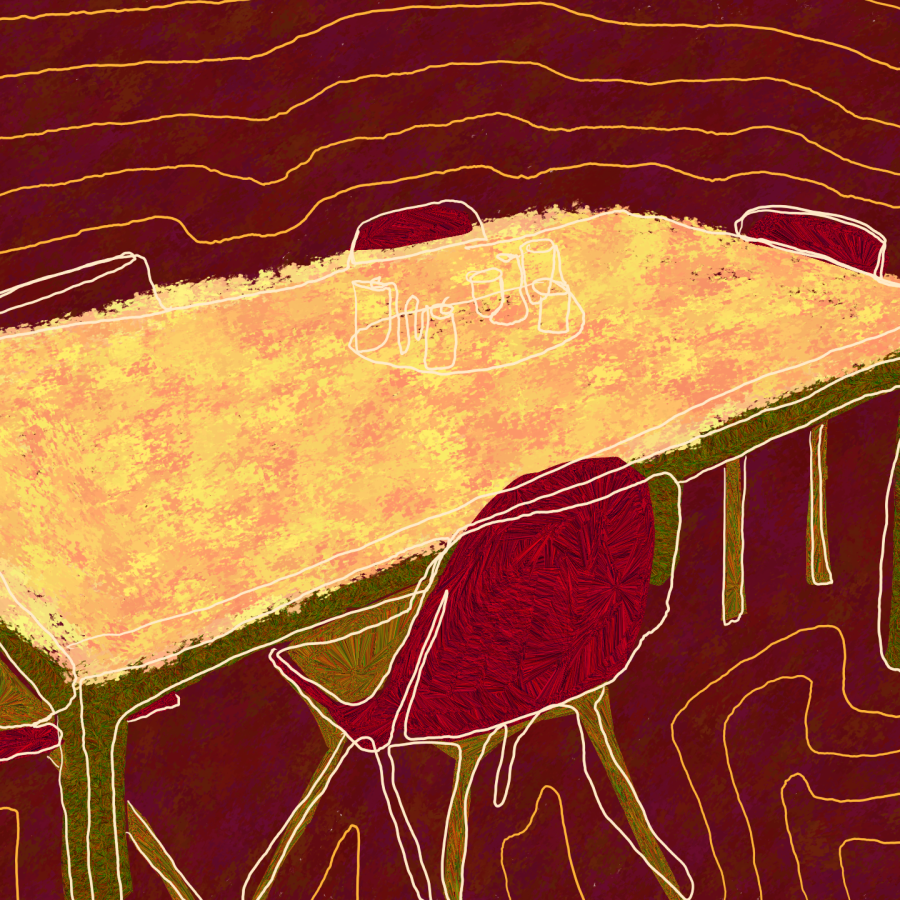 a yellow dining room table surrounded by red