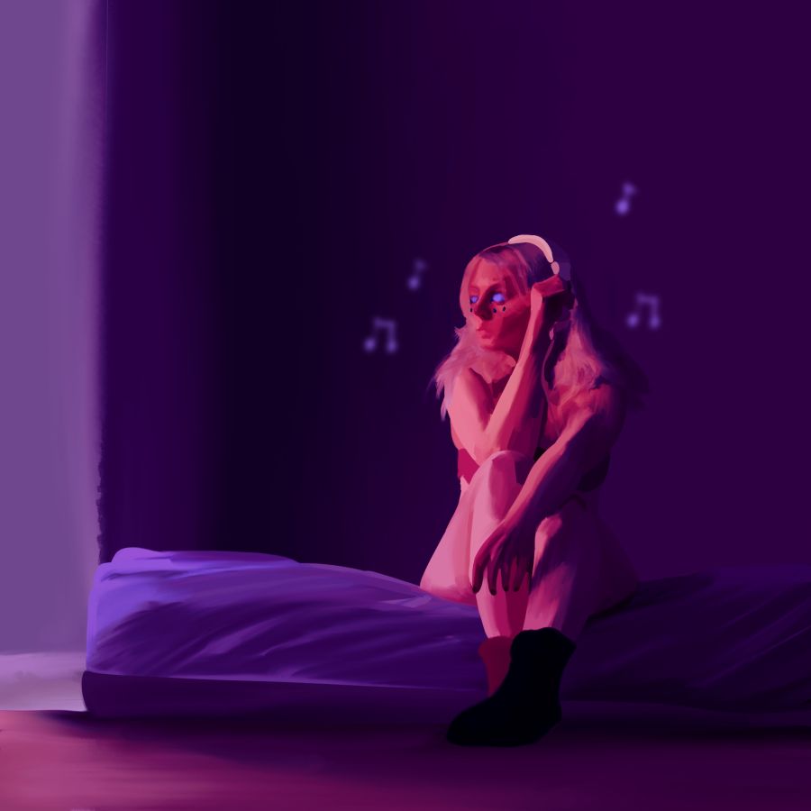 a person with heaphones on looking out a window with a purple background