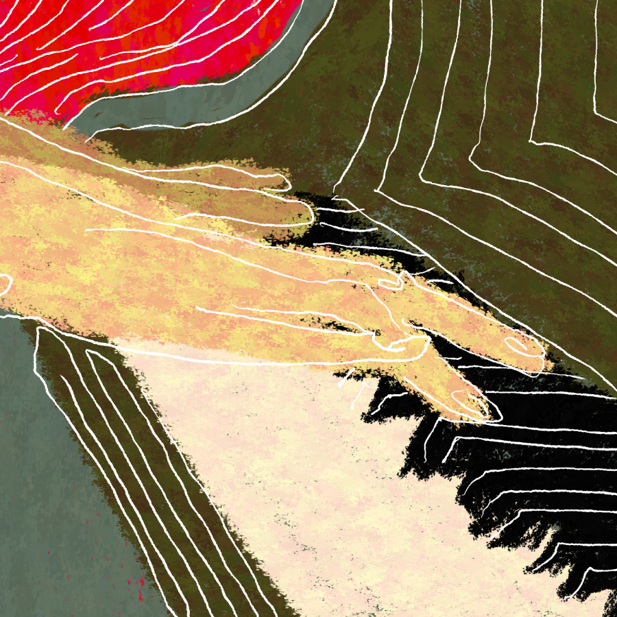 a hand at a piano with red background