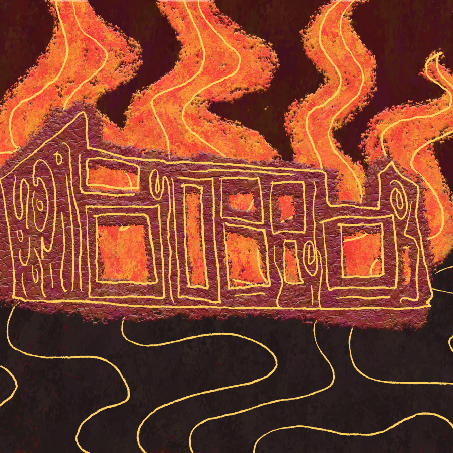 an house on fire against a dark, black background