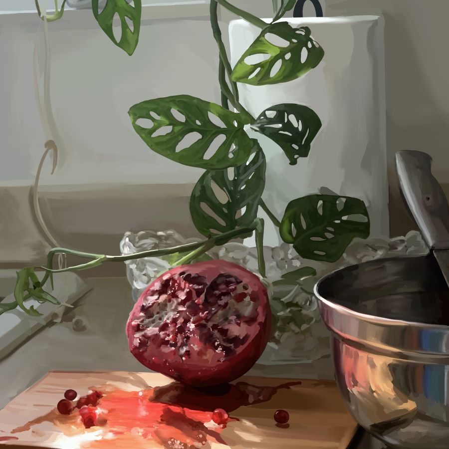 a pomegranite cut open with a green plant climbing down behind it